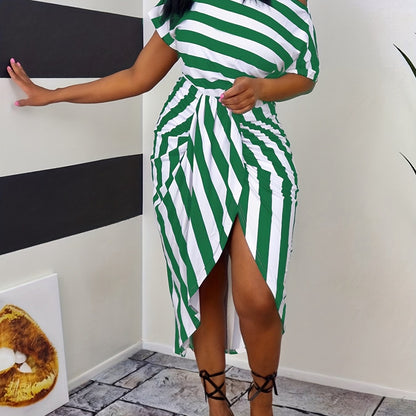 Striped Off Shoulder Dress, Casual Asymmetrical Short Sleeve Dress, Women's Clothing