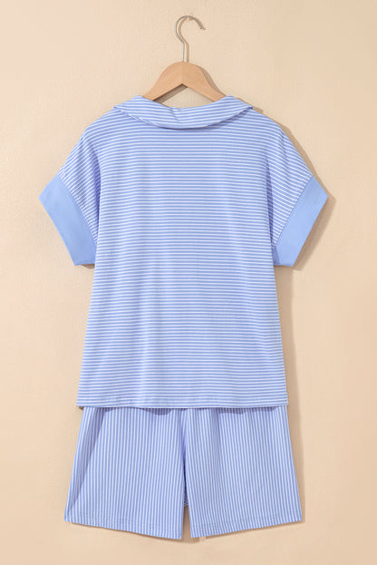 Sky Blue Stripe Dolman Sleeve Polo Shirt and Drawstring Shorts Set