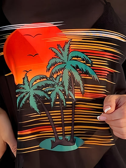 3 Piece Set Coconut Trees & Sunset Print Bikini - High Stretch, Crew Neck, Triangle Halter Neck, High Cut, Short Sleeves Cover Up Shirt - Polyester, Customized, Random Print, Knit Fabric Womens Swimwear & Clothing