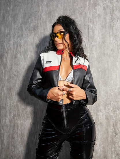 Faux Leather Zip-up Biker Jacket, Stylish Color Block Long Sleeve Snap Front Crop Jacket For Spring & Fall, Women's Clothing