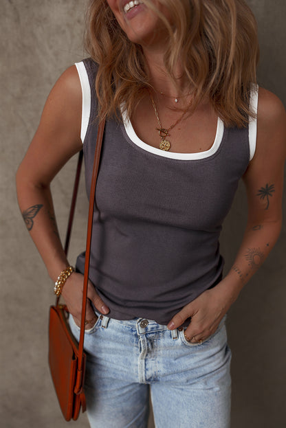 Carbon Grey Ribbed Knit Colorblock Edge U Neck Slim Fit Tank Top