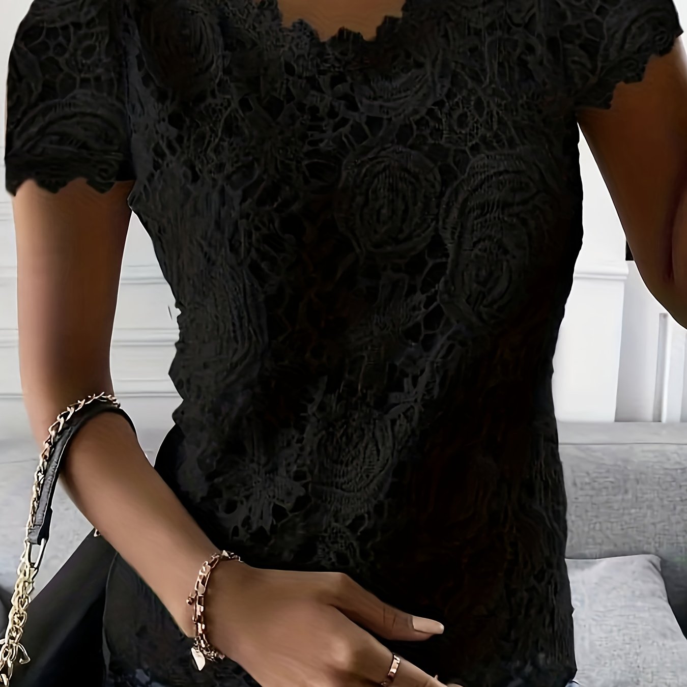 Solid Lace Short Sleeve Top, Versatile Blouse For Spring & Summer, Women's Clothing