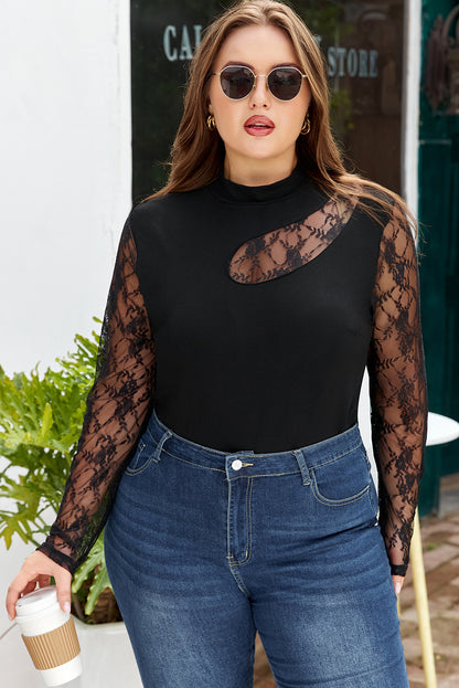 Black Plus Size Lace Patchwork Asymmetric Cutout Sheer Long Sleeve Top