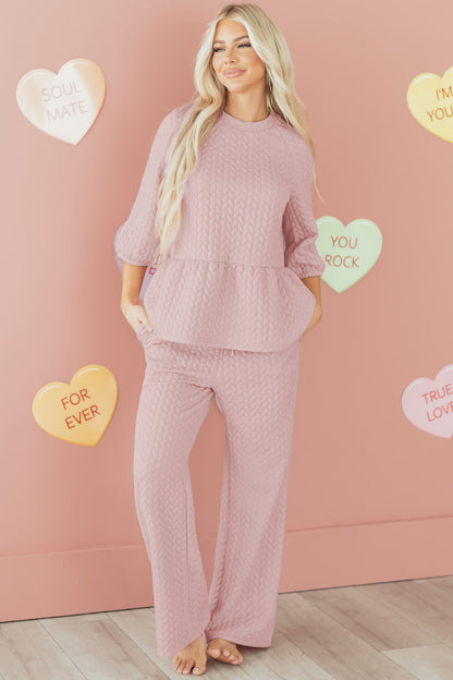 Delicacy Braided Texture Ruffle Hem Top Drawstring Loose Pants Set