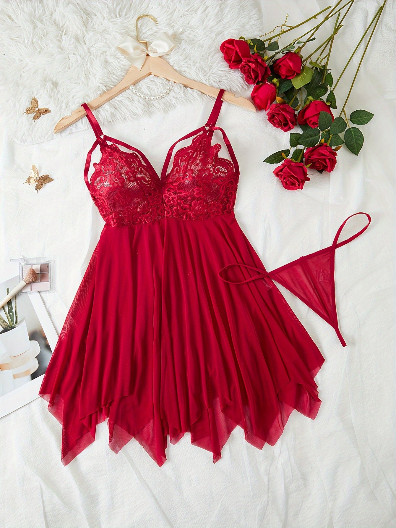 Seductive Floral Lace Slip Nightdress - Sheer Mesh, Adjustable Straps, Asymmetric Hem - Backless V Neck Mini Dress with Matching Thongs - Soft, Breathable Womens Sleepwear Set