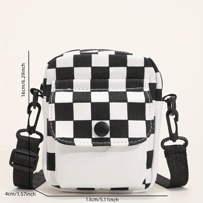 Checkered Canvas Crossbody Bag, Pocket Front Square Purse, Mini Shoulder Bag For Phone Key