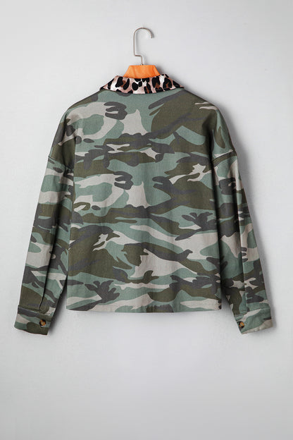 Green Camo Leopard Patchwork Flap Pocket Crop Jacket