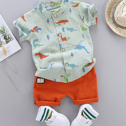 2pcs Toddler Dinosaur Print Short Sleeve Shirt & Shorts Set - Boys Summer Clothes, Elastic Waist, Button Front, Short Sets