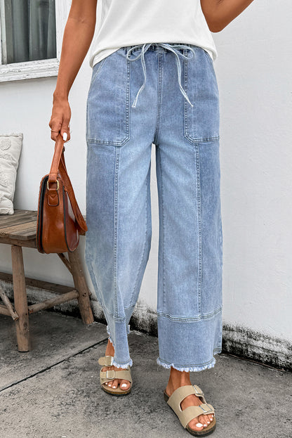 Beau Blue Drawstring Seam Detail Raw Hem Wide Leg Denim Pants