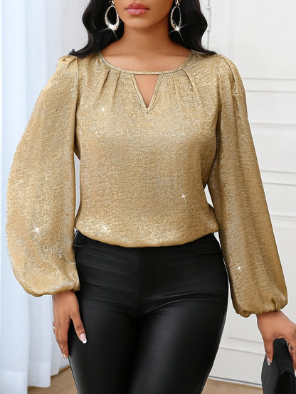 Elegant Directional Women'S Four-Season Wedding Guest Top with a Scoop Neck And Lantern Sleeves, Metallic Shirt, Workwear Long-Sleeve Blouse for Women.