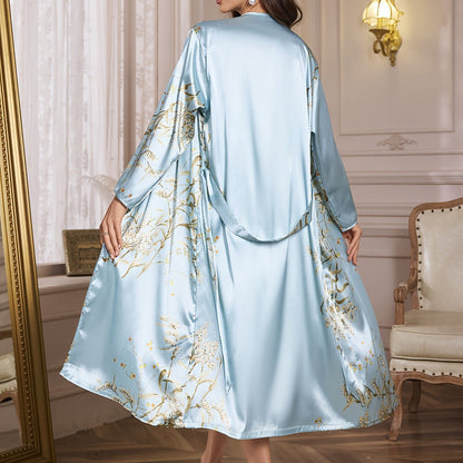 Women's Fashion Sleepwear, Long Sleeve Satin Robe with Cherry Print, V-Neck, Breathable Summer Bath Robe, Home Loungewear, Polyester, Adult Size, Woven Fabric