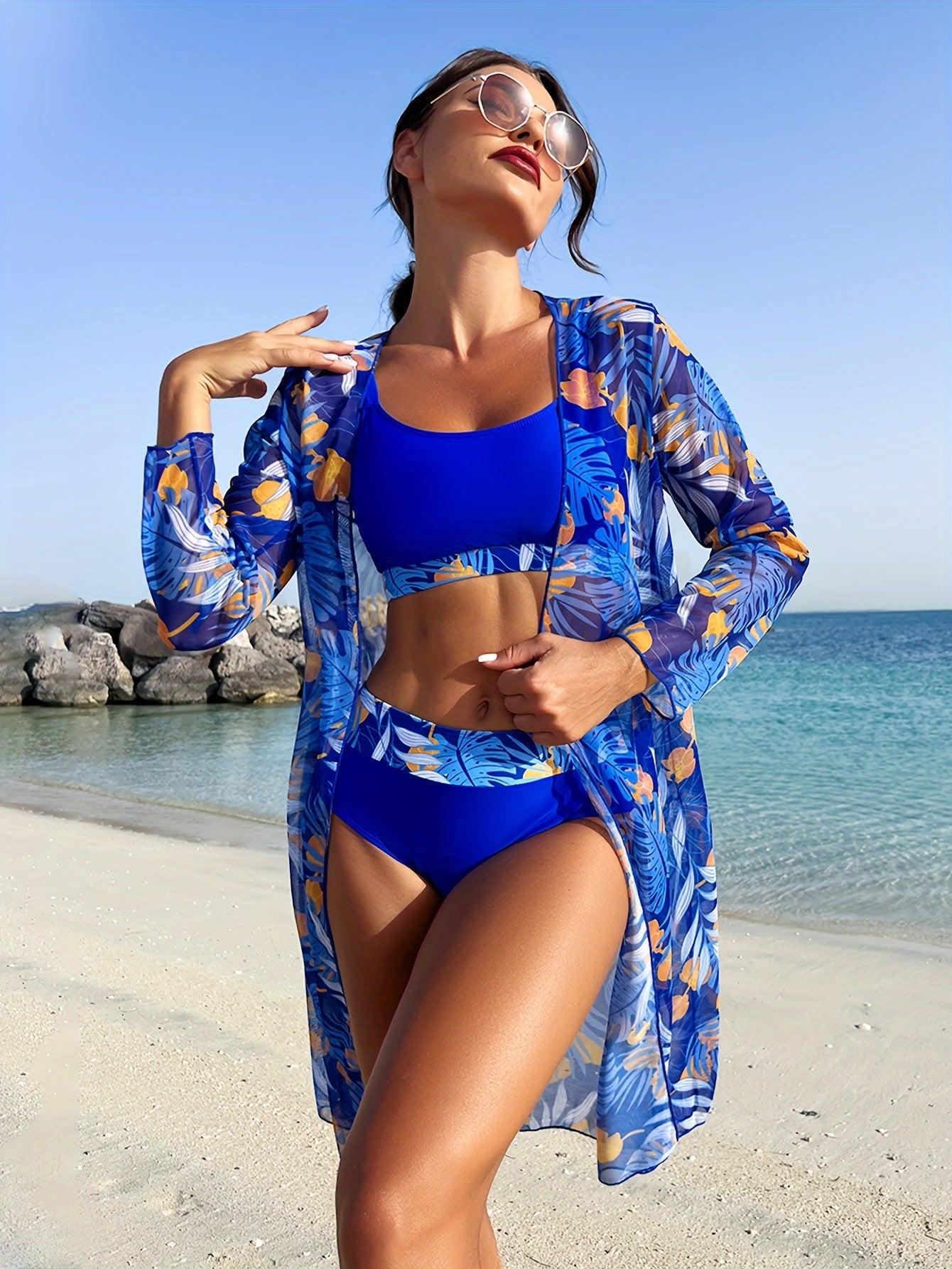 Tropical Leaf Print Stretchy 3 Piece Set Bikini With Long Sleeve Kimono, Scoop Neck Contrast Band Stylish Swimsuits, Women's Swimwear & Clothing For Holiday