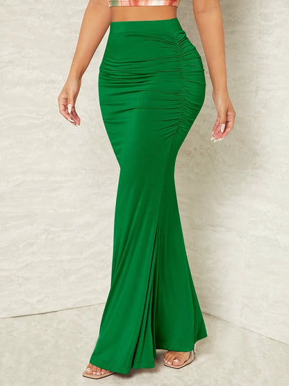 Solid Ruched Mermaid Hem Bodycon Skirt, Sexy High Waist Maxi Skirt, Women's Clothing