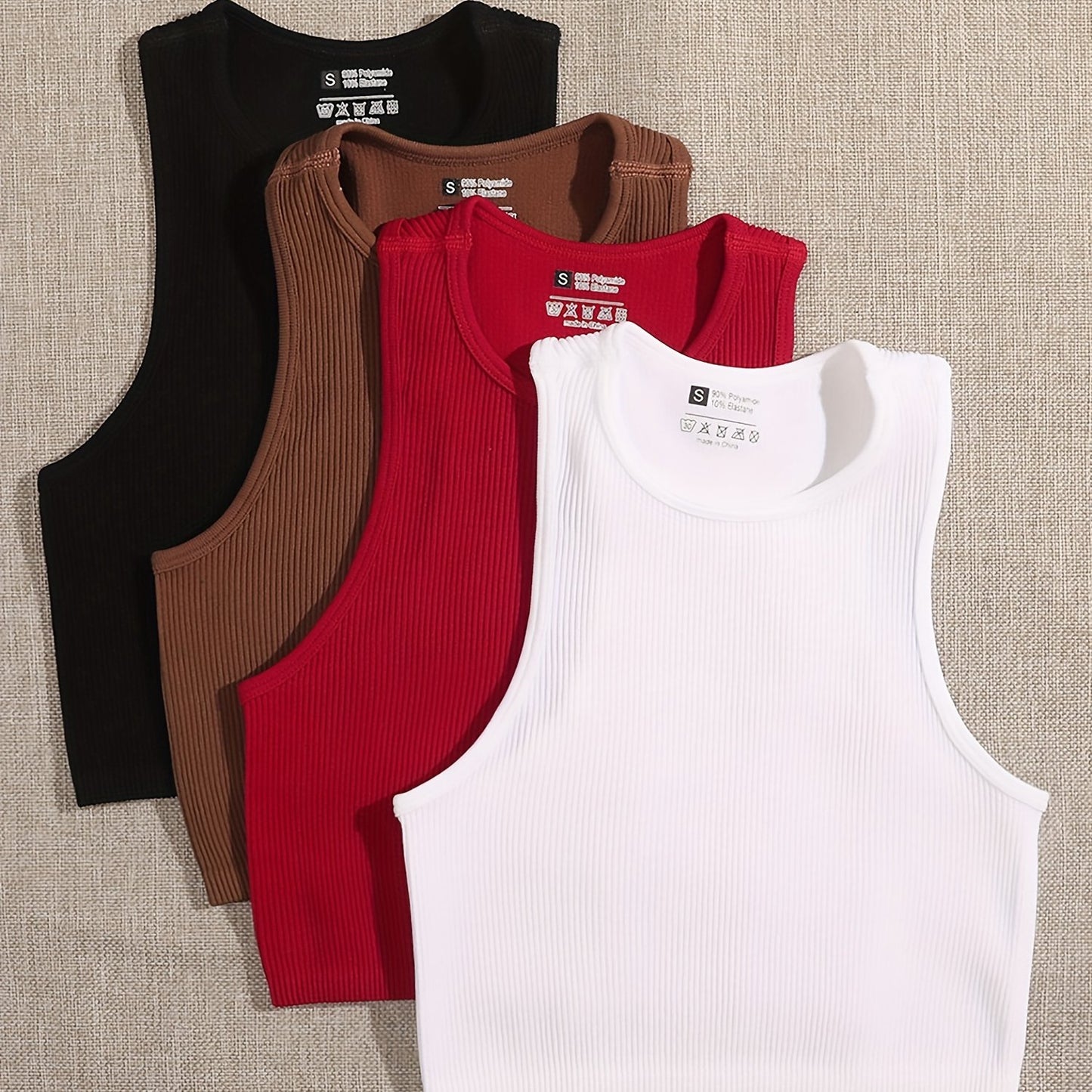 4 Pcs Vibrant Seamless Ribbed Crop Tops - Round Neck, Sleeveless, Breathable, Moisture-Wicking, Casual Sports Tank Tops for Women - Perfect for Yoga, Fitness, and Daily Wear