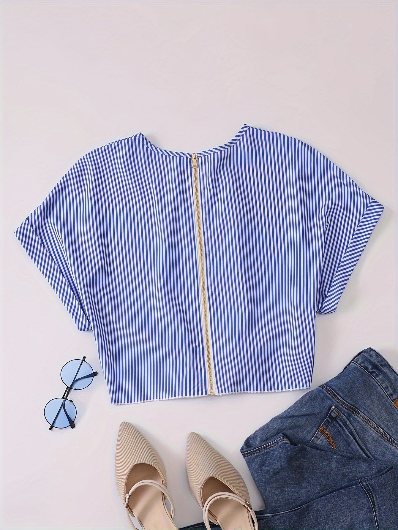 Striped Zip Up Knotted Blouse, Elegant Short Sleeve Crop Top For Spring & Summer, Women's Clothing