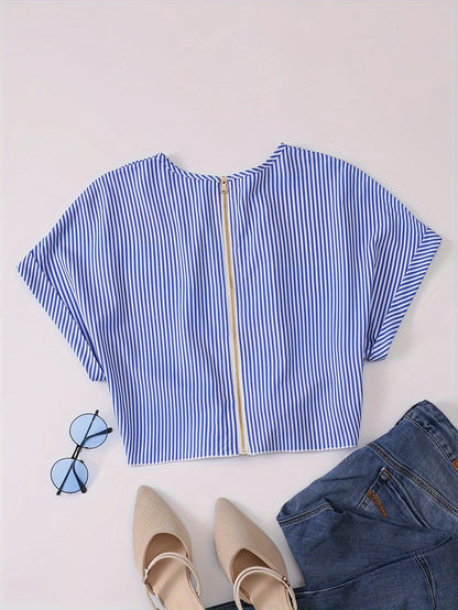 Striped Zip Up Knotted Blouse, Elegant Short Sleeve Crop Top For Spring & Summer, Women's Clothing