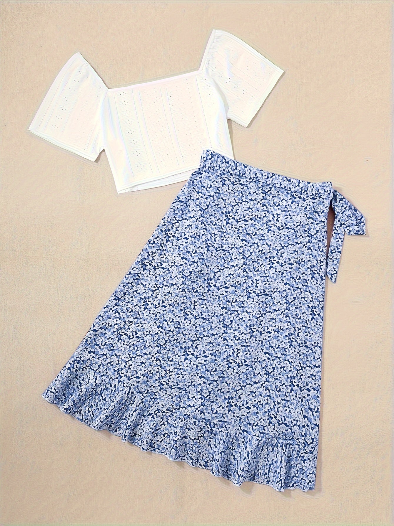 Vacation Ready - Chic Square Neck Crop Top & Adjustable Print Wrap Skirt Set - Flirty Short Sleeves, Womens Two-Piece Outfit