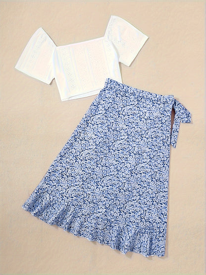 Vacation Ready - Chic Square Neck Crop Top & Adjustable Print Wrap Skirt Set - Flirty Short Sleeves, Womens Two-Piece Outfit