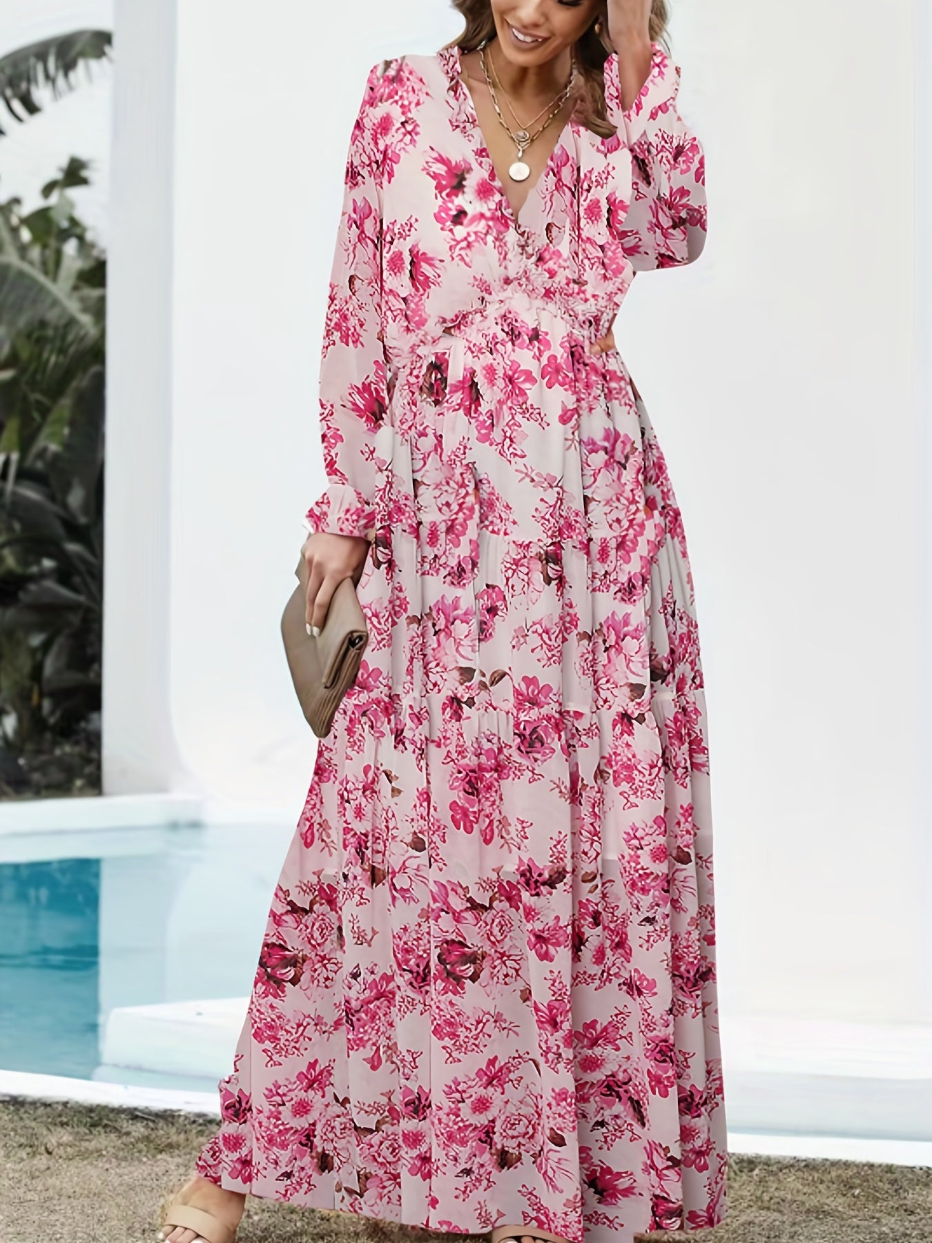 Lightweight Chiffon Floral Maxi Dress for Women - V-Neck, Long Sleeve, Layered Ruffle Hem, Bell-Bottom Maxi with Adjustable Waist Cincher, Perfect for Spring/Summer/Fall Vacations, Vacation Dress | Flowing Maxi Dress | Flowin