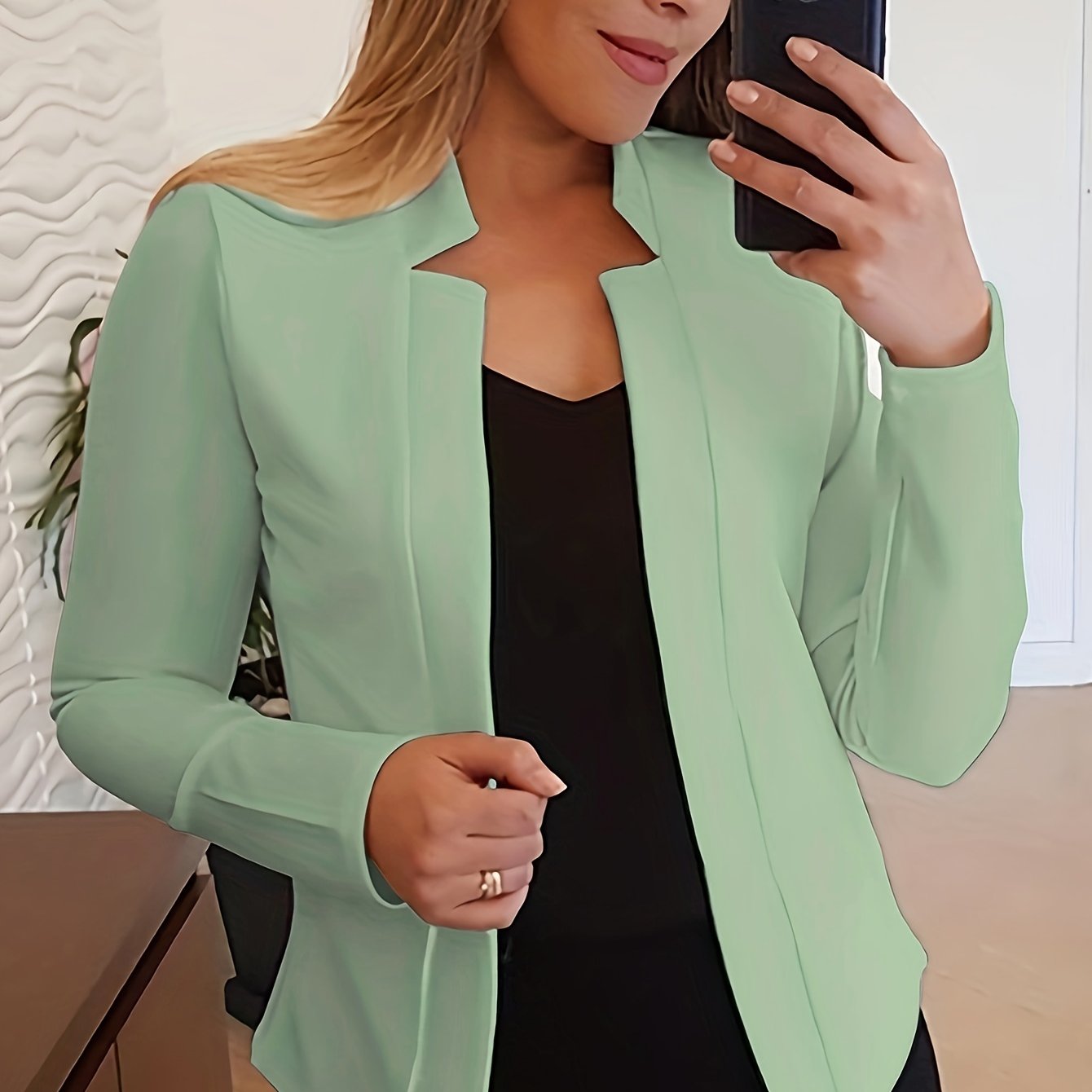 Solid Open Front Blazer, Casual Long Sleeve Blazer For Office & Work, Women's Clothing