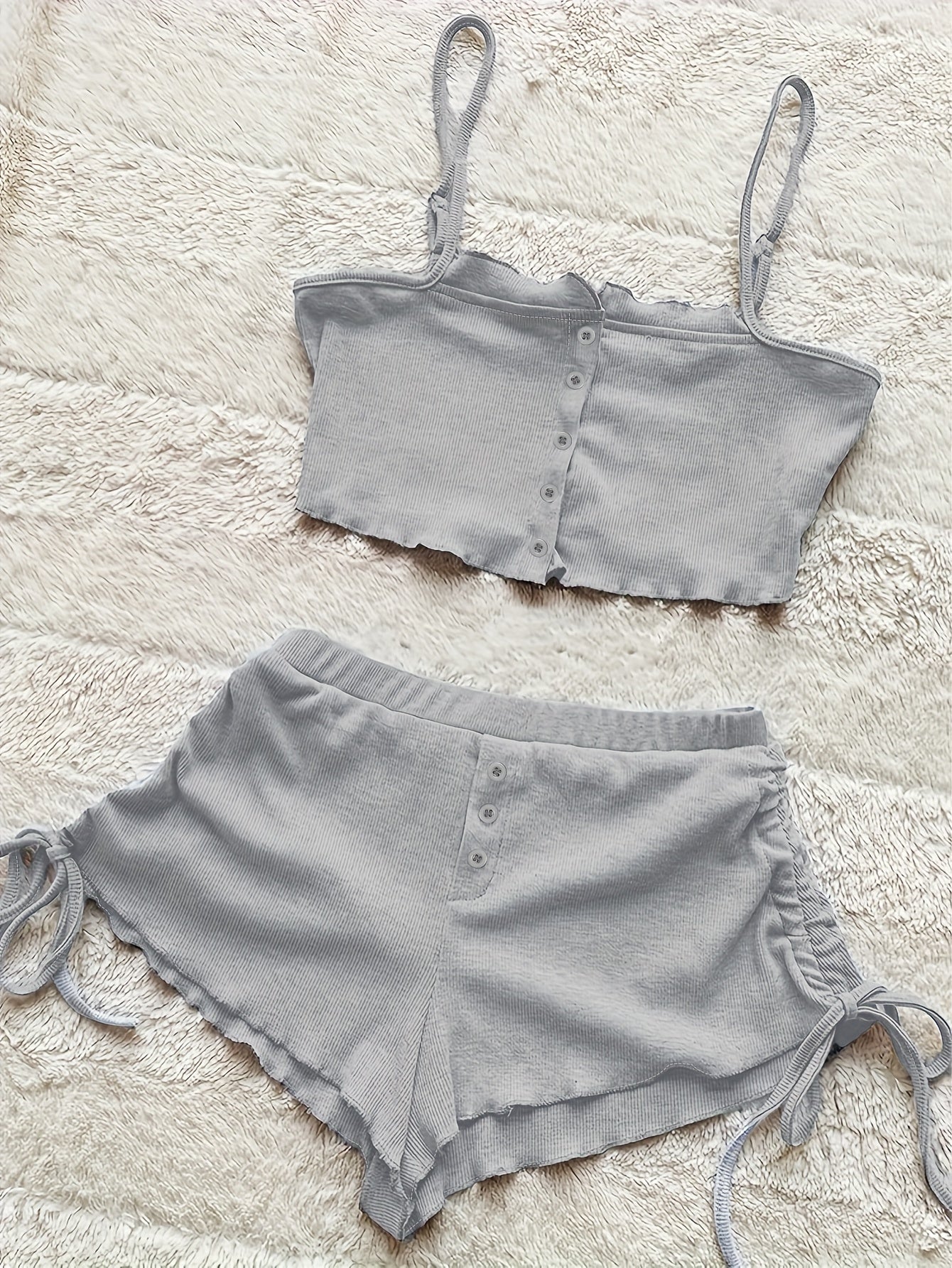 Simple Solid Print Lounge Set, Buttons Cami Top & Drawstring Shorts, Women's Loungewear & Sleepwear Koningsdag/King's Day