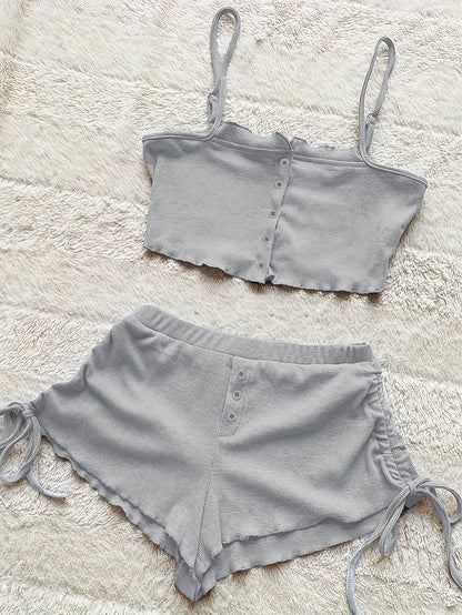 Simple Solid Print Lounge Set, Buttons Cami Top & Drawstring Shorts, Women's Loungewear & Sleepwear Koningsdag/King's Day