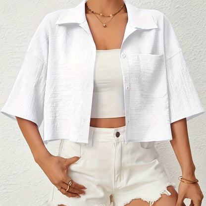 Button Front Crop Blouse, Casual Short Sleeve Blouse For Spring & Summer, Women's Clothing