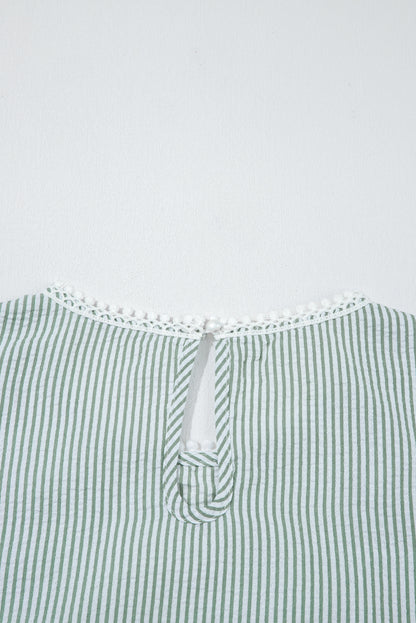 Green Stripe Lace Patchwork Crew Neck Tank Top