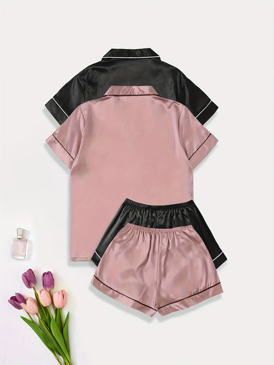 2 Sets of Ultra-Soft Satin Women's Casual Pajama Sets - Short Sleeve Buttons Lapel Top & Shorts with Comfortable Relaxed Fit, Breathable Fabric, and Cozy Sleepwear Experience for a Restful Night's Sleep