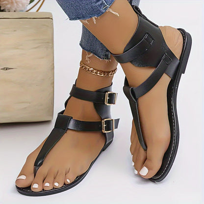 Women's Solid Color Thong Sandals, Buckle Belts Soft Sole Lightweight Casual Shoes, Non-slip Summer Beach Shoes