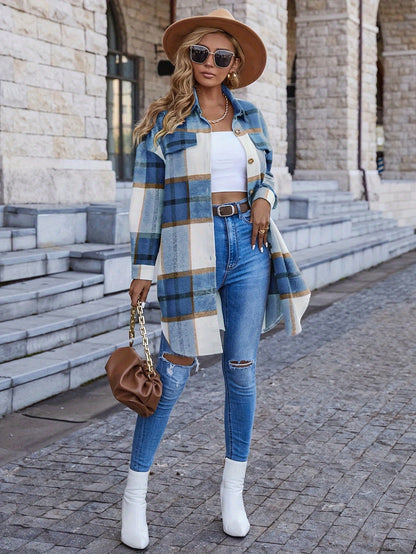 1pc Women'S Casual Plaid Lapel Long Sleeve Jacket - Polyester Woven Shirt-Style Outerwear with Button Details for All Seasons