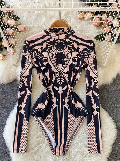 Women'S Tropical Print Bodysuit with Rhinestone Detail - Slim Fit, Stand Collar, Long Sleeve, All-Season Versatile Jumpsuit for Casual or Stylish Outfits, Stylish Outfit Bodysuit | Stand Collar Top | Polyester Fabric, Bodysui