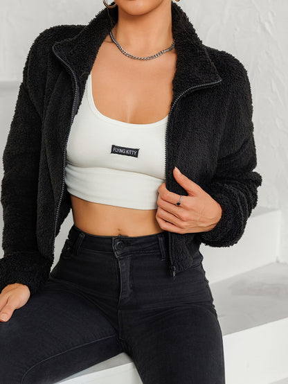 Drop Shoulder Zip Up Jacket, Casual Long Sleeve Fuzzy Crop Jacket For Spring & Fall, Women's Clothing