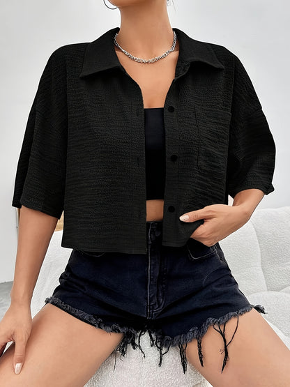 Button Front Crop Blouse, Casual Short Sleeve Blouse For Spring & Summer, Women's Clothing