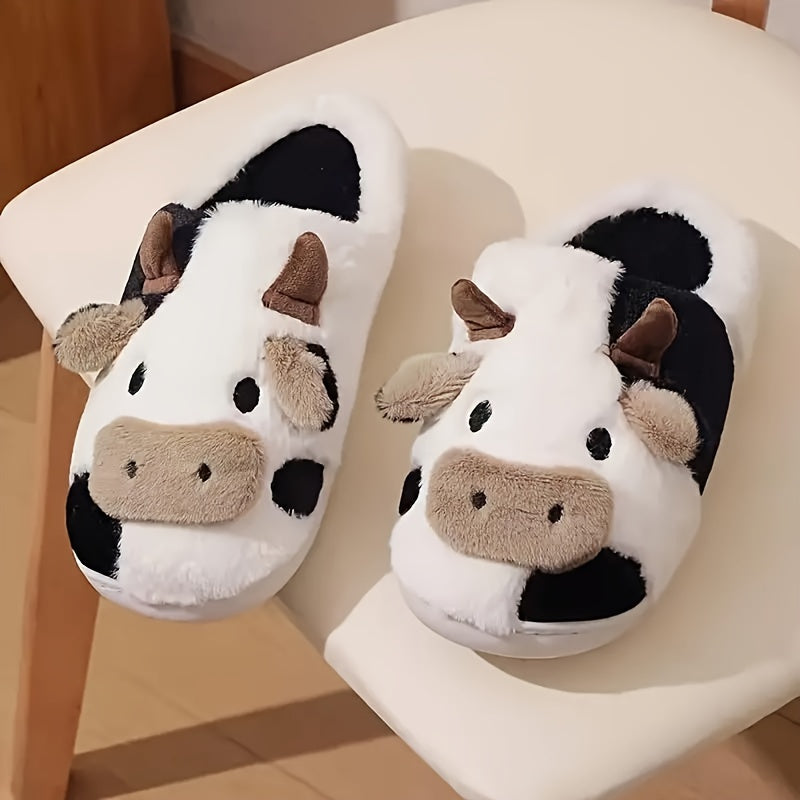 1 Pair Elegant Cartoon Cow Print Slippers for Women, Cozy Indoor House Shoes, Non-Slip TPR Sole, All-Season Warmth, Fabric Upper/Inner/Insole, Positioning Printing Design