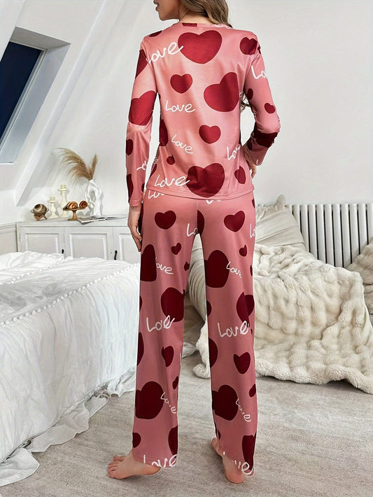 Women'S Cute Heart Print Long Sleeve Pajama Set, Polyester Knit Fabric, Comfortable Loose Fit, with Elastic Waist Pants and Smooth Long-Sleeve Top, for Fall/Winter Lounge Sleepwear Set