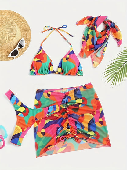 1set Women'S Geometric-Patterned Bikini Set, High Stretch Polyester Knit Fabric, 82% Polyester 18% Elastane, Colorful Printed Two-Piece Swimsuit with Lace-Up Detail