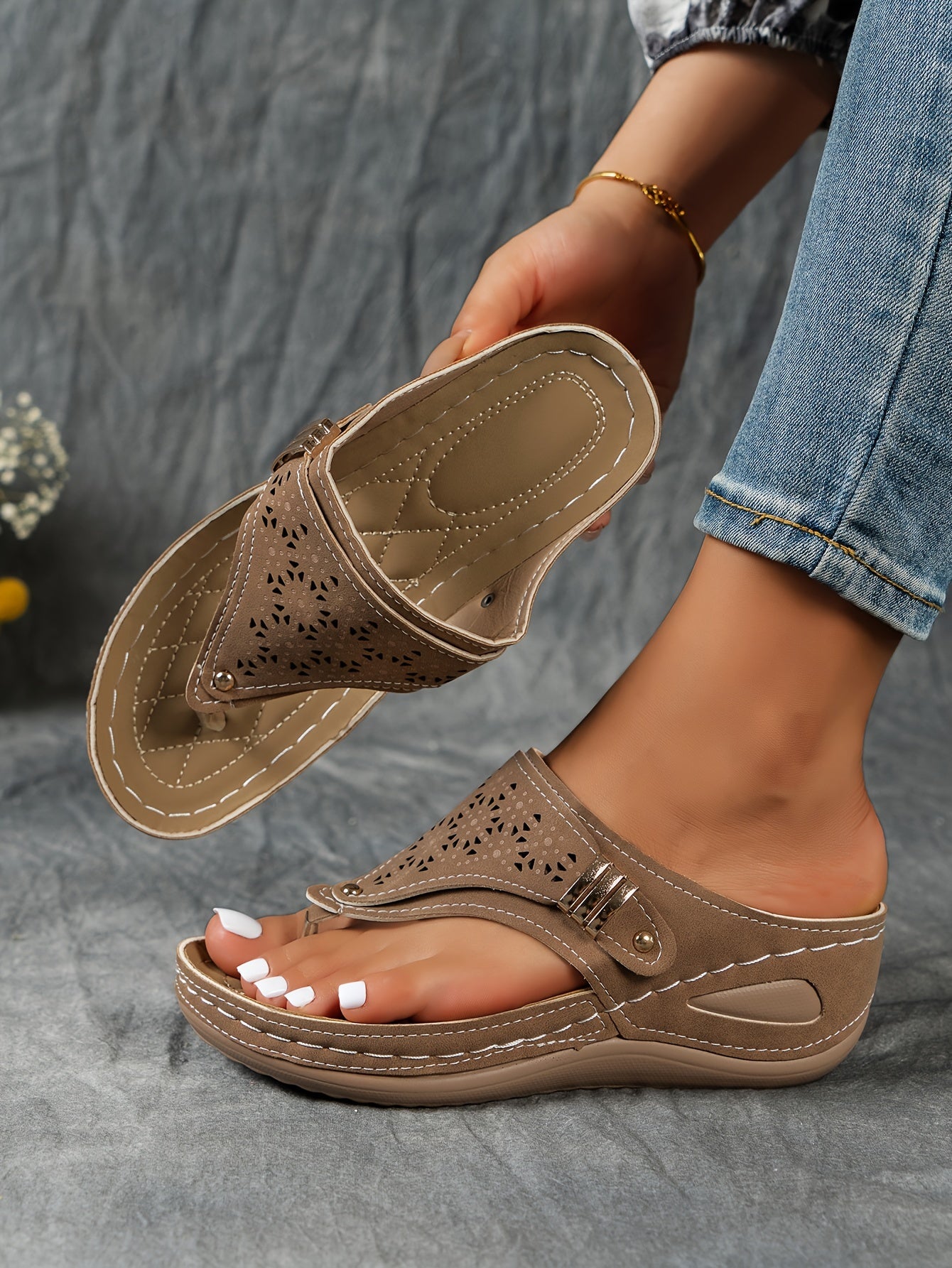 Stylish Cut-Out Thong Sandals - Soft Metallic Platform Wedge, Comfortable Beach Slides with Adjustable Straps, Vacation Essentials for Women