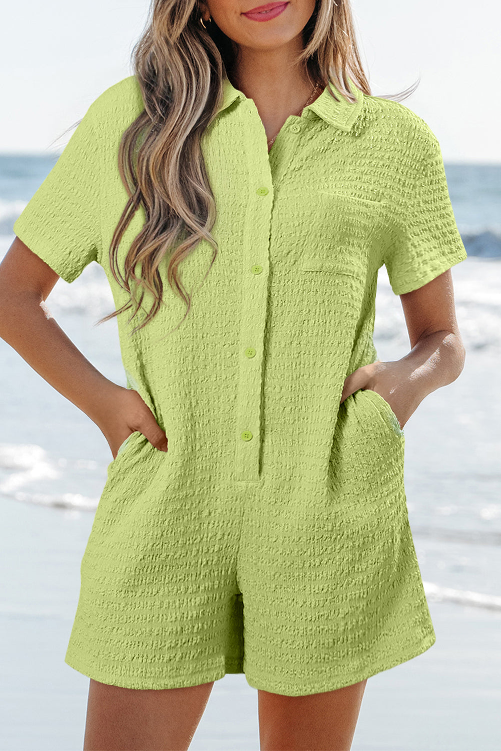 Meadow Mist Green Textured Short Sleeve Patched Pocket Buttoned Shirt Romper