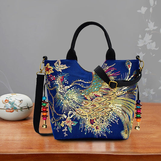 Women's Embroidered Satchel Bag, Fashion Double Handle Purse, Retro Style Handbag With Removable Strap