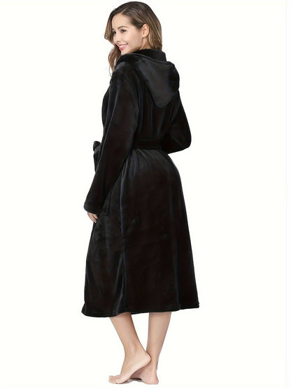 Elegant Polyester Hooded Dressing Gown for Women - Casual Long Sleeve Solid Color Lounge Robe with Belt, Flannel Winter Sleepwear with Hood, Knit Fabric, Warm Plush Lined Bathrobe for Fall/Winter