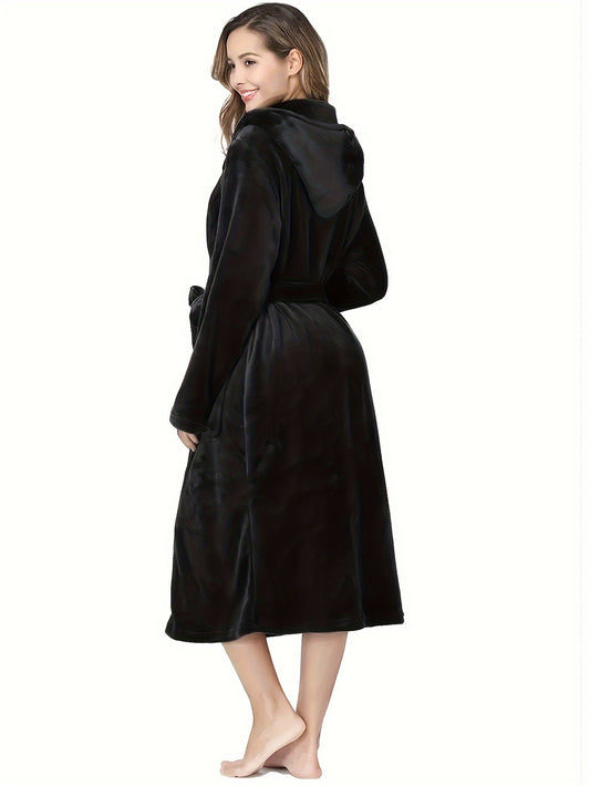 Elegant Polyester Hooded Dressing Gown for Women - Casual Long Sleeve Solid Color Lounge Robe with Belt, Flannel Winter Sleepwear with Hood, Knit Fabric, Warm Plush Lined Bathrobe for Fall/Winter