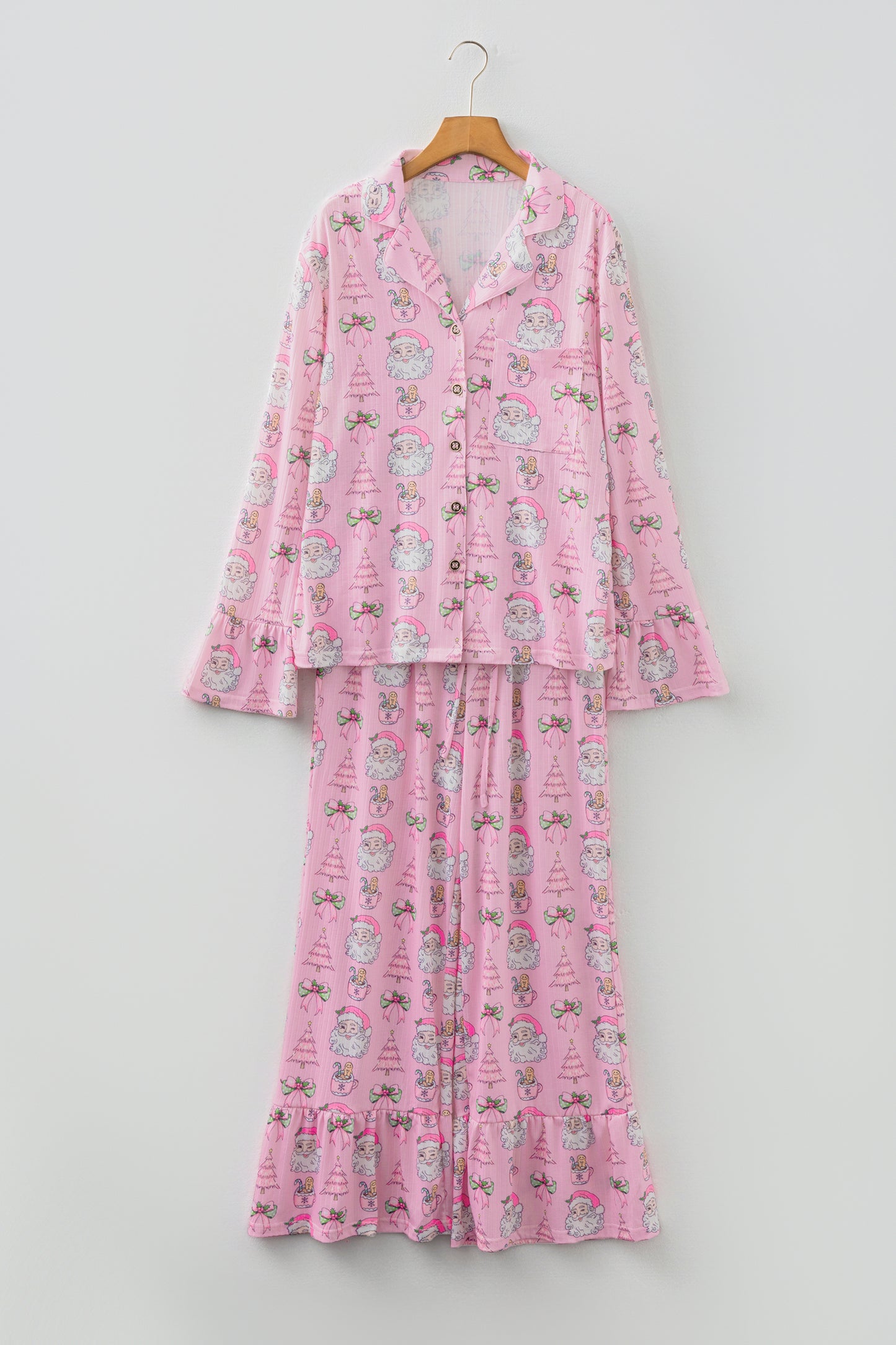 Pink Christmas Print Ruffled Ribbed Shirt & Pants 2 Piece PJ Set