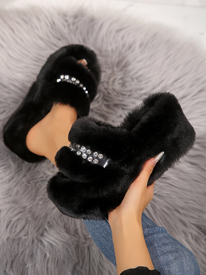 [Sparkling Rhinestone Slippers] Plush Faux Fur Sparkling Rhinestone-Decorated Slippers | Women's Slip-On with Thick Cushioned Rubber Sole & Sloped Heel | All-Season Indoor House Shoes for Warmth & Comfort (Black/Grey/White)