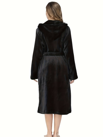 Elegant Polyester Hooded Dressing Gown for Women - Casual Long Sleeve Solid Color Lounge Robe with Belt, Flannel Winter Sleepwear with Hood, Knit Fabric, Warm Plush Lined Bathrobe for Fall/Winter
