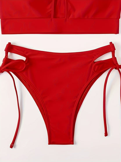 Solid Color Sexy 2 Piece Set Bikini, Halter Neck Tie Side High Cut Swimsuits, Women's Swimwear & Clothing