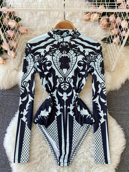 Women'S Tropical Print Bodysuit with Rhinestone Detail - Slim Fit, Stand Collar, Long Sleeve, All-Season Versatile Jumpsuit for Casual or Stylish Outfits, Stylish Outfit Bodysuit | Stand Collar Top | Polyester Fabric, Bodysui