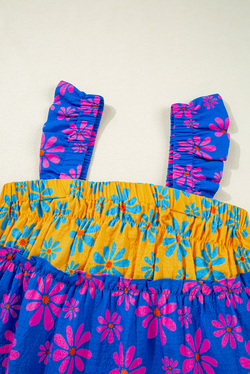 Blue Floral Colorblock Flutter Straps Flowy Tank Top