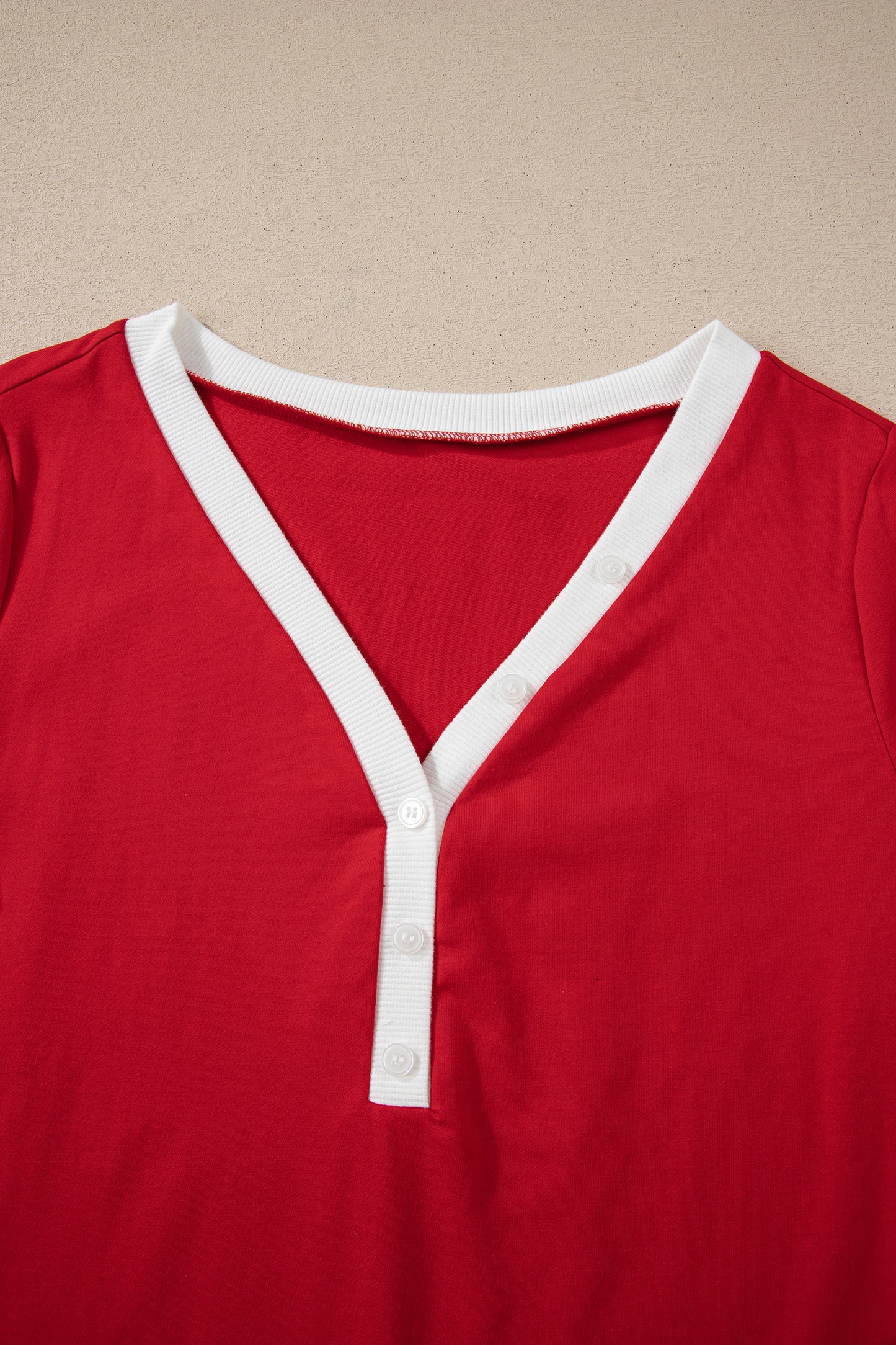 Fiery Red Contrast Trim Button V Neck Ribbon Bow Knot Waist 2pcs Lounge Pant Set