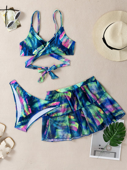 Women'S 3pcs Bikini Set with Skirt, Y0056, Polyester 82% Elastane 18%, Spaghetti Strap, Random Print, High Stretch Knit Fabric, Lace-Up Detail, Swimwear